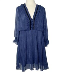 ZARA Mini Dress Chiffon Pleated Ruffle Polka Dot Navy Blue Fancy Party Size L